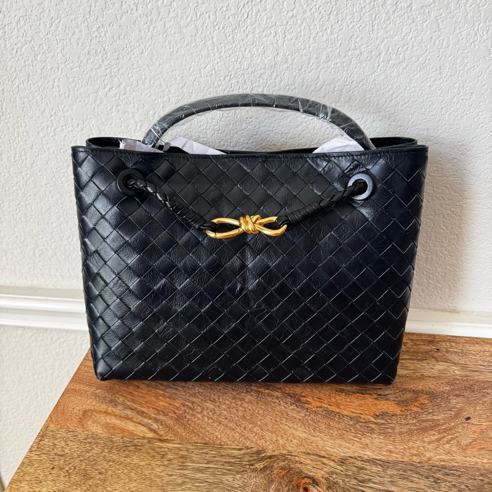 LEATHER INSIDE & OUT | Black Large Woven Braided Tote Structured Bag B1